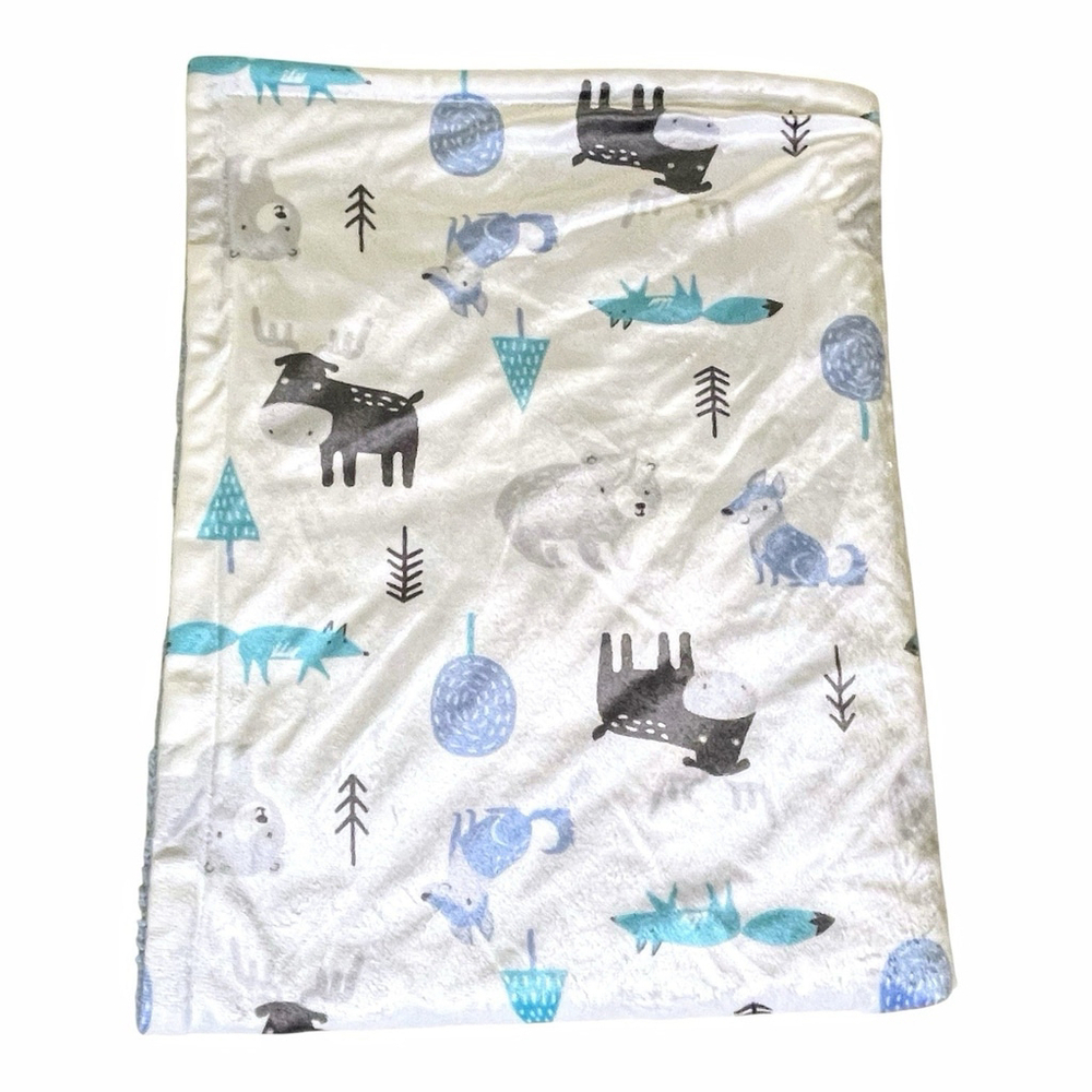 Bon Bebe Winter Woodland Animals Plush Baby Blanket Moose Bear Fox Trees Blue